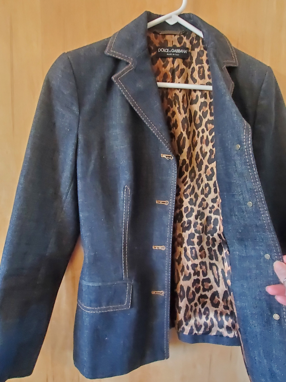 Dolce & Gabbana Dark Blue Denim Blazer with Leopard-Print Lining